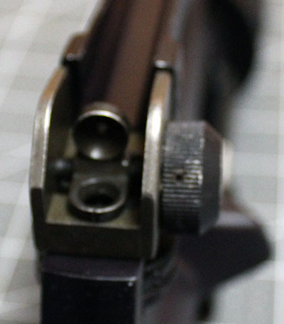 close-up on AR-15 rear sight from the upper rear